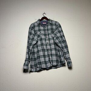 VTG 90s Wrangler Distressed Flannel Plaid Green Button Up Dress Shirt Men 2XL